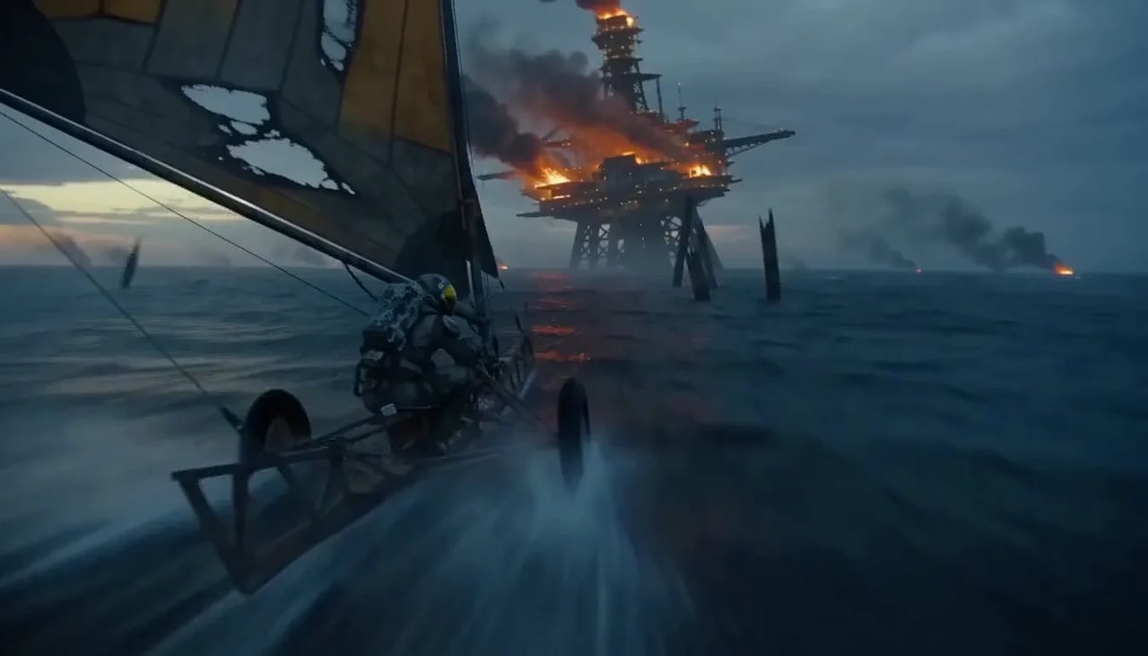 MiniMax H3 Max sample still: a wheeled sail craft racing across dark water toward a burning offshore platform