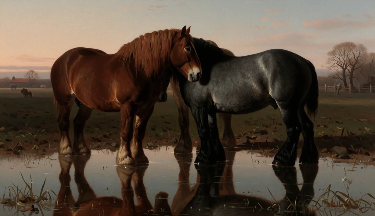 MiniMax H3 image-to-video still of two draft horses in shallow water