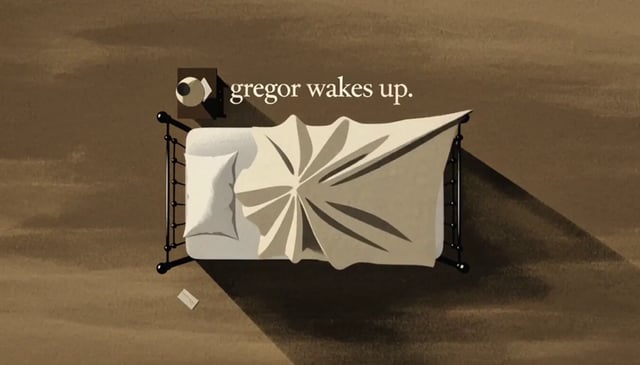 MiniMax H3 Max sample — top-down iron bed, on-screen type reading gregor wakes up