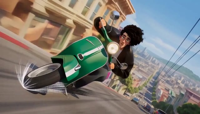 MiniMax H3 Max image-to-video sample — a rider on a green scooter leaning through a steep city street