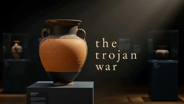MiniMax H3 Max text-to-video sample — a cracked museum vase beside the words the trojan war